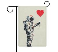 Astronauta con palloncino rosso a forma di cuore bandiera da giardino festiva stagionale iuta doppia faccia casa cortile bandiere esterne 30,5 x 45,7 cm