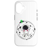 Astronauta del fumetto che galleggia sulla luna con l'alieno verde che sbircia Custodia per iPhone 16