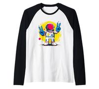 Astronauta Double Peace Sign Retro Pop Graphic Space Suit Maglia con Maniche Raglan