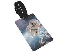 Astronauta nello spazio sullo sfondo del piano 2 etichette per bagagli, anello per etichette identificative per la protezione della privacy e scheda di indirizzo per valigia da viaggio