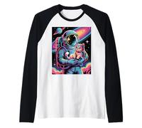 Astronauta retrò Che Tiene Il Gatto nello Spazio Retrowave Synthwave Maglia con Maniche Raglan