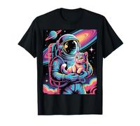 Astronauta retrò Che Tiene Il Gatto nello Spazio Retrowave Synthwave Maglietta