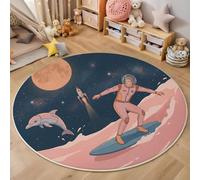 Astronauta Surf Luna Tappeto Salotto E Camera Da Letto a Pelo Corto, Tema Spaziale In Stile Cartone Animato Retrò Tappeti Rotondi Lavabili, Tappeti Rotondi per Cucina E Camera Da Letto (100cm, Rosa )