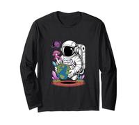 Astronauta Tenendo Funghi Terra Surreale Sci-Fi Natura Arte Maglia a Manica