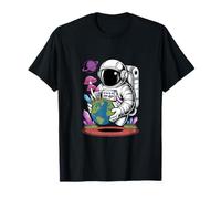 Astronauta Tenendo Funghi Terra Surreale Sci-Fi Natura Arte Maglietta