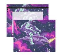 Astucci adorabili a 3 fori per raccoglitori a 3 anelli, confezione da 2 articoli artistici per insegnanti, stile cartone animato, con astronauta che cavalca uno squalo, galassia psichedelica, spazio