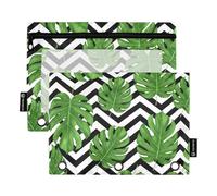 Astucci geometrici a zigzag con foglie tropicali con cerniera con occhielli rinforzati per ufficio, scuola, università, confezione da 2