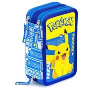 Clondo Astuccio Triplo Riempito Bambini, Per Pokemon Fan, 45 Accessori Scuola, 3 Zip, Scomparti Organizzati, Pastelli, Pennarelli, Colla, Forbici