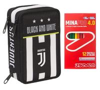 Astuccio 3 Scomparti Juventus, Best Match, Bianco e Nero, con penne, matite, colori e altro ancora + 12 Pastelli a Colori