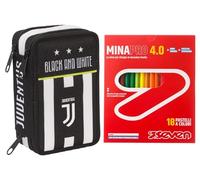 Astuccio 3 Scomparti Juventus, Best Match, Bianco e Nero, con penne, matite, colori e altro ancora + 18 Pastelli a Colori