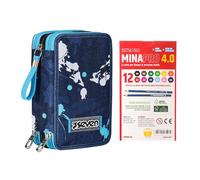 Astuccio 3 Scomparti Seven, Blu, Triplo Scomparto, Completo di Matite, Pennarelli, Colori+ 12 Pastelli a Colori