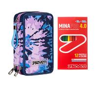 Astuccio 3 Scomparti Seven Con Matite, Pennarelli + 12 Pastelli