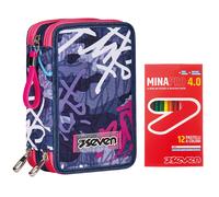 Astuccio 3 Scomparti Seven Con Matite, Pennarelli + 12 Pastelli
