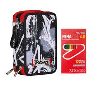 Seven Astuccio 3 Scomparti, Nero, Triplo Scomparto, Completo di Matite, Pennarelli, Colori, Accessori Zaino + 12 Pastelli a Colori