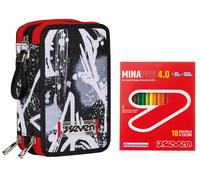 Seven Astuccio 3 Scomparti, Nero, Triplo Scomparto, Completo di Matite, Pennarelli, Colori, Accessori Zaino + 18 Pastelli a Colori
