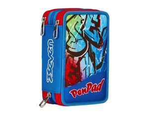Astuccio 3 Scomparti Seven PEN PAD, Blu, Triplo Scomparto, Completo di Matite,