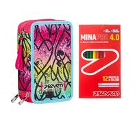 Astuccio 3 Scomparti Seven, Rosa, Triplo Scomparto, Completo di Matite, Pennarelli, Colori+ 12 Pastelli a Colori