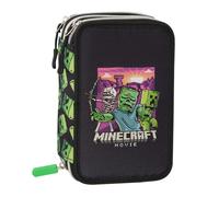 MINECRAFT Astuccio Scuola 3 Zip con Corredo, 20 x 13 x 7 cm, Set Completo 48 Pezzi, Nero/Verde