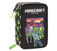 MINECRAFT Astuccio Scuola 3 Zip con Corredo, 20 x 13 x 7 cm, Set Completo 48 Pezzi, Nero/Verde