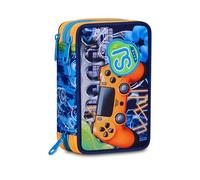 SJ GANG STYLE JAM GANG Astuccio Scuola 3 zip JOYFUL PINS BOY, Blu, Triplo Scomparto, 45 pezzi, Portapenne Attrezzato, Completo di matite, penne e colori, Accessori Zaino, Scuola elementare, Bambino