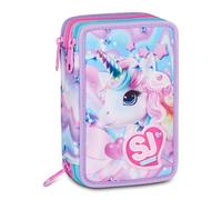 SJ GANG STYLE JAM GANG Astuccio Scuola 3 Zip LED UNICORN GIRL, Viola, Triplo Scomparto, 45 pezzi, Set cancelleria incluso, Pratica chiusura con zip, Scuola elementare, Bambina