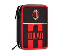 Seven Astuccio Scuola 3 Zip Milan, Nero, Triplo Scomparto, 45 pezzi, Set cancelleria incluso, Accessori Zaino, Scuola elementare, Bambini e ragazzi, Calcio, Prodotto ufficiale