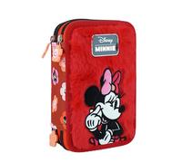 Astuccio 3 Zip Minnie Cerdà | Licenza Ufficiale Disney | 3 Scomparti | Scuola Elementari e Medie | Rosso Stampa Floreale con Patch Ricamata e Tirazip a Fiore