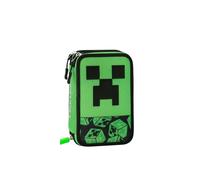 MINECRAFT - Astuccio Scuola Ufficiale Minecraft, Astuccio 3 Scomparti Bambini e Ragazzi con Set Cancelleria Incluso, 5 Etichette Adesive Portanome e Pratica Chiusura a Zip, 13x20Hx7 cm