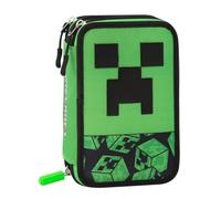 MINECRAFT - Astuccio Scuola Ufficiale Minecraft, Astuccio 3 Scomparti Bambini e Ragazzi con Set Cancelleria Incluso, 5 Etichette Adesive Portanome e Pratica Chiusura a Zip, 13x20Hx7 cm