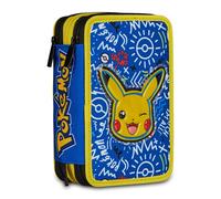 Seven Pokemon Astuccio 3 Zip, Triplo Scomparto, Completo di Matite, Pennarelli, Colori, Accessori Zaino, Elementari, Medie, Superiori, Pikachu, Bambini e Bambine, giallo/blu