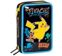 Seven Astuccio Scuola Pokemon 3 Zip, Nero, Portapenne Triplo Scomparto Completo Di Penne, Matite, Colori, Accessori, Scuole Elementari, Bambino
