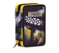 Seven Astuccio Scuola 3 zip GOLDEN PAINT, Nero, Portapenne attrezzato, Triplo scomparto, 45 pezzi, Completo di penne, matite e colori, Accessori Zaino, Scuola elementare, Asilo, Per bambini