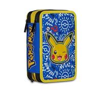 Seven Pokemon Astuccio 3 Zip, Triplo Scomparto, Completo di Matite, Pennarelli, Colori, Accessori Zaino, Elementari, Medie, Superiori, Pikachu, Bambini e Bambine, giallo/blu