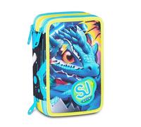 SJ GANG STYLE JAM GANG Astuccio Scuola 3 Zip METAL DRAGON BOY, Celeste, Triplo Scomparto, 45 pezzi, Set cancelleria incluso, Pratica chiusura con zip, Scuola elementare, Bambino