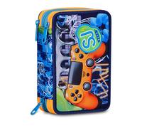 SJ GANG STYLE JAM GANG Astuccio Scuola 3 zip JOYFUL PINS BOY, Blu, Triplo Scomparto, 45 pezzi, Portapenne Attrezzato, Completo di matite, penne e colori, Accessori Zaino, Scuola elementare, Bambino