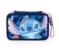 Astuccio 3 Zip Stitch Cerdà | Licenza Ufficiale Disney | 3 Scomparti | Scuola Elementari e Medie | Blu Stampa All-Over con Patch Peluche