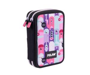 Astuccio a 2 scomparti Milan Aliens con righello temperamatite gomme matite di grafite e colorate pennarelli e penna blu - 195x13x5 cm - Rosa