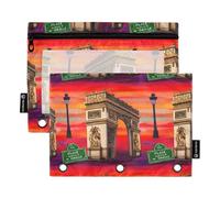 Astuccio a 3 anelli Arc De Triomphe rosso vibrante con cerniera raccoglitore matite borse scuola trasparente tasche portaoggetti 24,9 x 18 cm, 2 confezioni