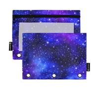 Astuccio a 3 anelli con cerniera e motivo cielo notturno e stelle, blu e viola, tasche trasparenti per ufficio, 24,9 x 18 cm, confezione da 2