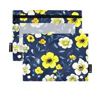Astuccio a 3 anelli con cerniera, motivo floreale, con fiori gialli e bianchi, blu scuro, per matite, penne, pastelli, scuola, trasparenti, tasche per studenti, 24,9 x 18 cm, 2 confezioni