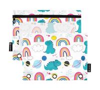 Astuccio a 3 anelli con dinosauri e arcobaleni, colore bianco, con cerniera, moderno, trasparente, per la scuola, 24,9 x 18 cm, confezione da 2