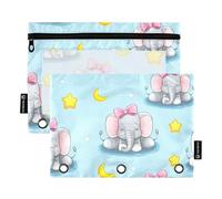 Astuccio a 3 anelli con elefanti in stile cartone animato, rosa e blu, con cerniera, grazioso raccoglitore per la scuola, tasche trasparenti, 24,9 x 18 cm, 2 confezioni