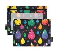 Astuccio a 3 anelli con finestra trasparente con gocce di pioggia colorate, organizer grandi e robusti, 3 anelli per forniture scolastiche per ufficio e cosmetici, multicolore, 2 pezzi