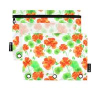 Astuccio a 3 anelli con fiori di geranio verde rosa portapenne con cerniera raccoglitore carino rosa trasparente portapenne scuola pastello 24,9 x 18 cm, 2 confezioni