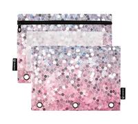 Astuccio a 3 anelli con glitter, viola, oro, argento, con cerniera, astuccio per matite e penne, carino rosa per la scuola, trasparente, tasche rosa, 24,9 x 18 cm, 2 confezioni