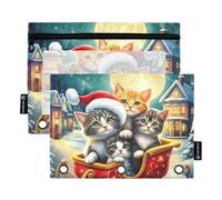 Astuccio a 3 anelli con motivo a cartoni animati con gattini rossi e slitta rossa, con cerniera, per la scuola, con tasche trasparenti, motivo floreale, 24,9 x 18 cm, confezione da 2