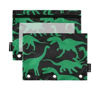 Astuccio a 3 anelli con motivo a fiori, con dinosauri, verde e nero, con cerniera, per la scuola, con tasche trasparenti, 24,9 x 18 cm, 2 confezioni