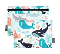 Astuccio a 3 anelli con motivo animali del mare artico, narvali, con cerniera, per la scuola, trasparente, 24,9 x 18 cm, confezione da 2