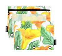 Astuccio a 3 anelli con motivo floreale dipinto arancione con calle, con cerniera, astuccio per matite e penne, da donna, per la scuola, con tasche morbide, 24,9 x 18 cm, confezione da 2