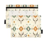 Astuccio a 3 anelli con motivo geometrico con teschi di mucca occidentale, con cerniera, confezione da 2 sacchetti riciclati per ufficio